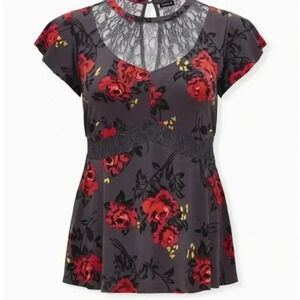 [5/5XL]Torrid Studio Knit Crew Neck Lace Inset Short Sleeve Peplum  Top